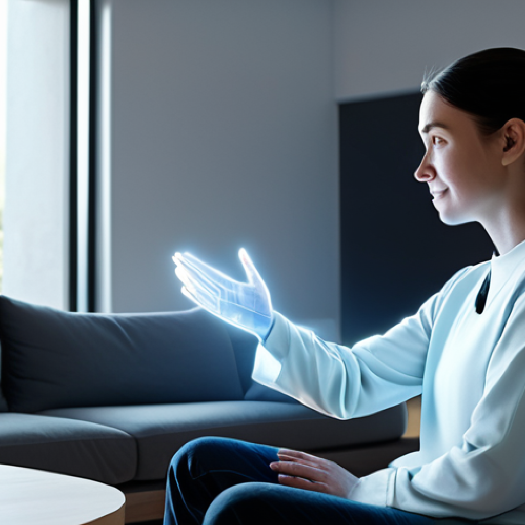 A person with a thoughtful expression, wearing modest, comfortable clothing, sitting in a contemporary, minimalist living room. They are gently interacting with a glowing, semi-transparent holographic AI companion that emanates subtle, soft light. The AI character on the display shows a simple, empathetic expression, suggesting deep understanding and emotional resonance. The scene is illuminated by natural, warm light, creating an atmosphere of calm connection. Professional photography, high detail, perfect anatomy, correct proportions, well-formed hands, natural pose, fully clothed, appropriate attire, safe for work, modest, family-friendly.