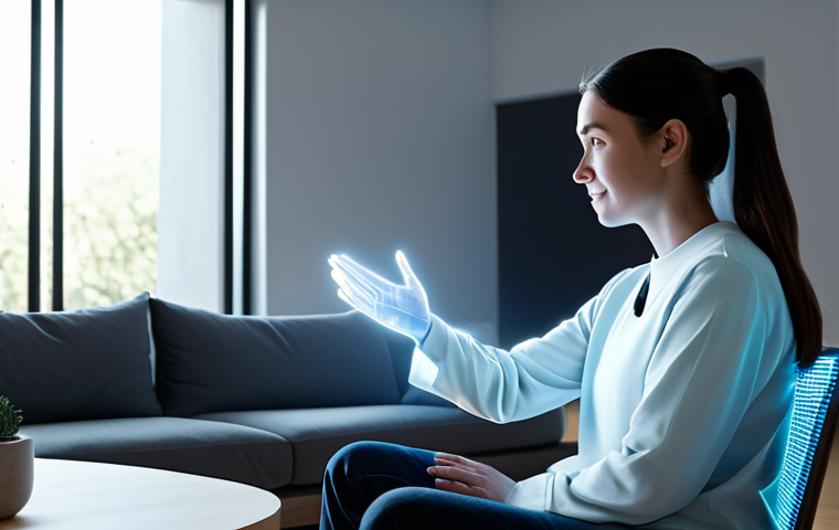 A person with a thoughtful expression, wearing modest, comfortable clothing, sitting in a contemporary, minimalist living room. They are gently interacting with a glowing, semi-transparent holographic AI companion that emanates subtle, soft light. The AI character on the display shows a simple, empathetic expression, suggesting deep understanding and emotional resonance. The scene is illuminated by natural, warm light, creating an atmosphere of calm connection. Professional photography, high detail, perfect anatomy, correct proportions, well-formed hands, natural pose, fully clothed, appropriate attire, safe for work, modest, family-friendly.