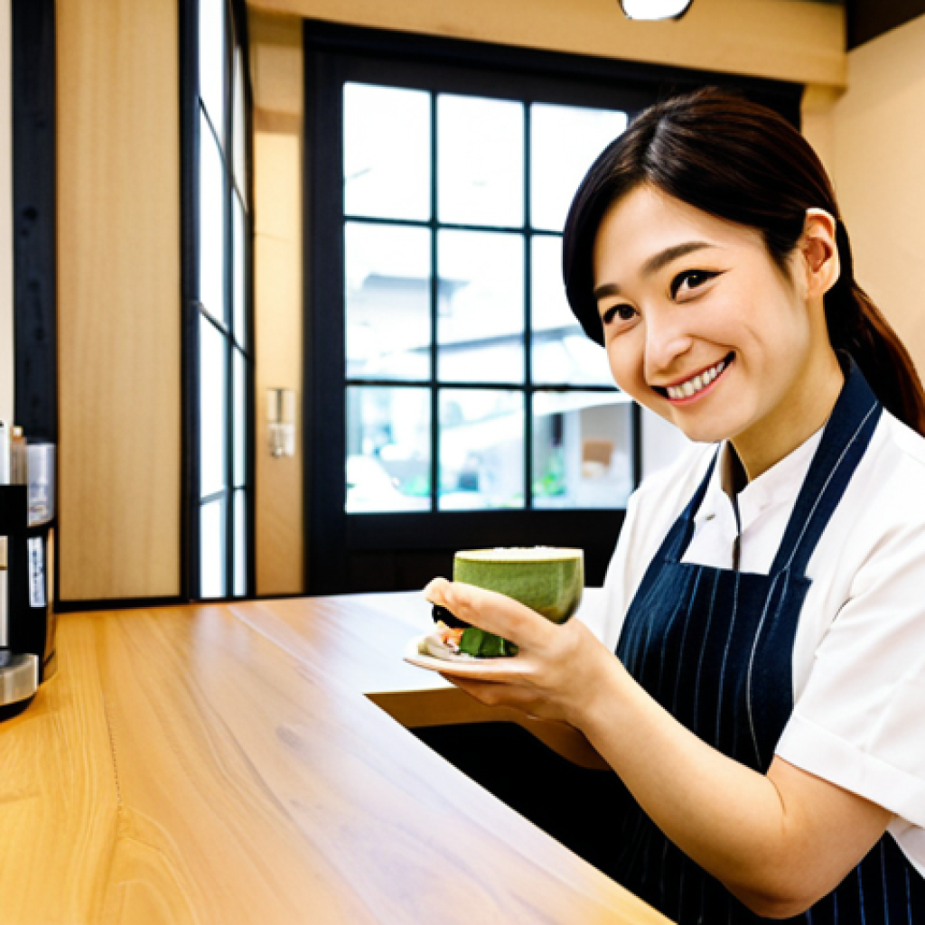 미미 캐릭터를 활용한 광고 캠페인 - Modern Japanese Cafe**
Prompt: A cozy, brightly lit modern Japanese cafe interior. A friendly baris...