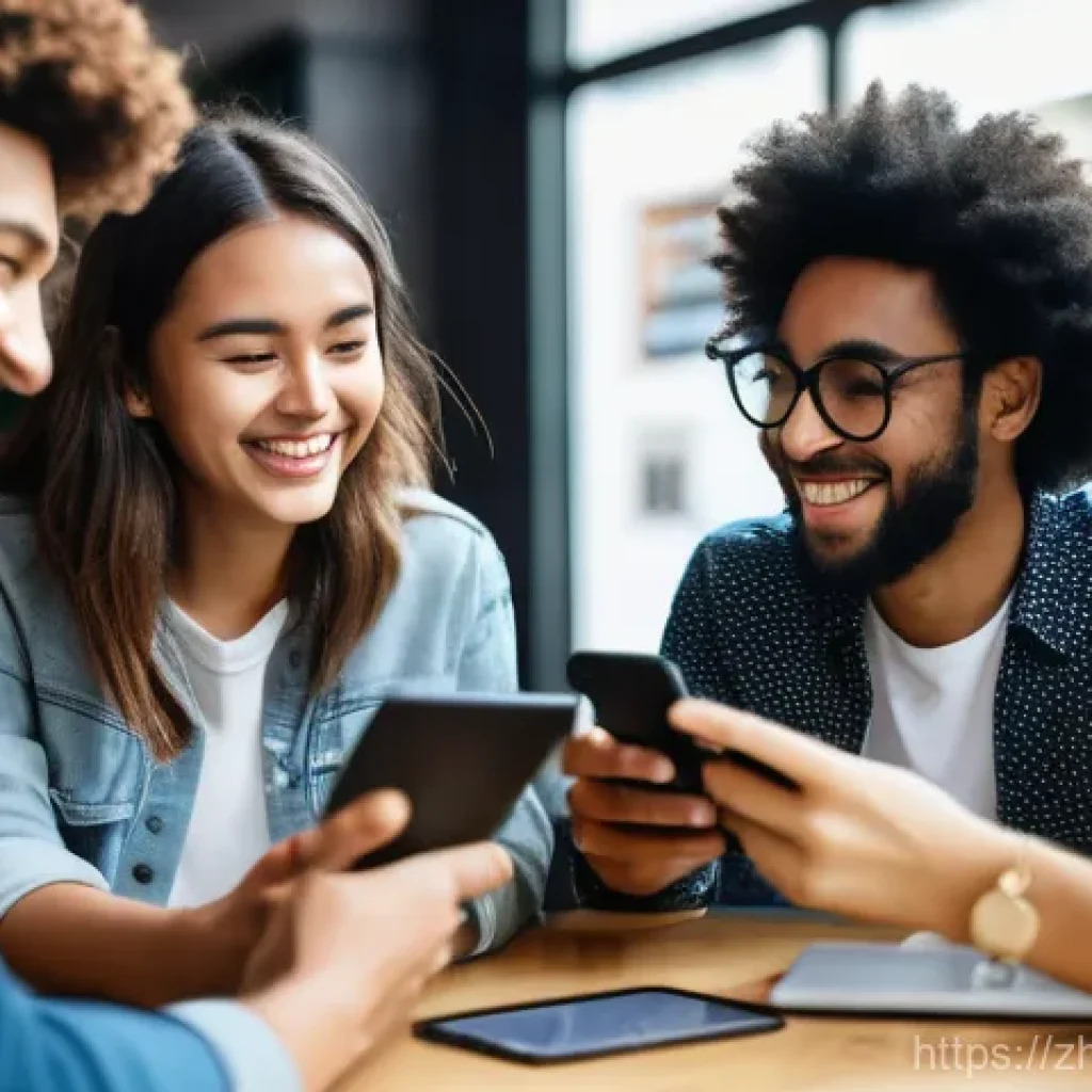 미미와 소셜 미디어 트렌드 - **Prompt: A vibrant and diverse group of young adults, dressed in casual, modern attire, are gathere...