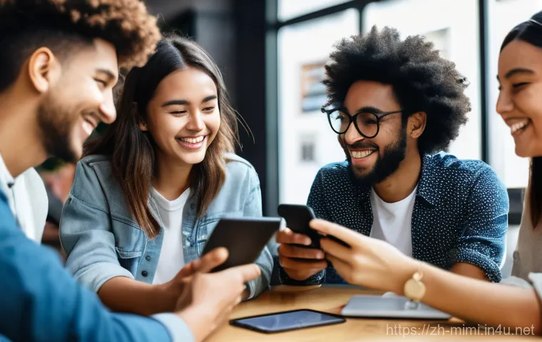 미미와 소셜 미디어 트렌드 - **Prompt: A vibrant and diverse group of young adults, dressed in casual, modern attire, are gathere...