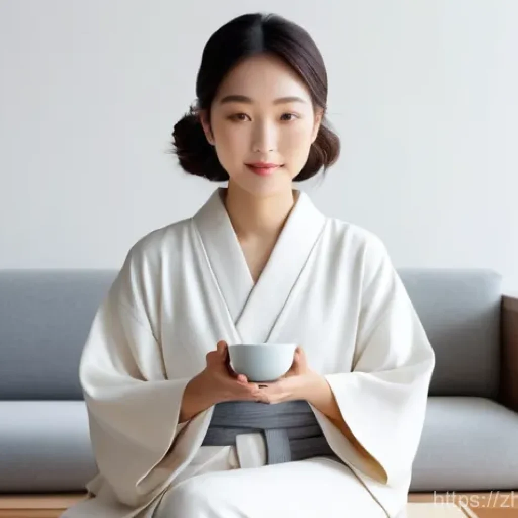 미미의 일본 내 성공 요소 - **Prompt: "A serene and elegantly dressed Japanese woman in her late 20s is sitting comfortably in a...