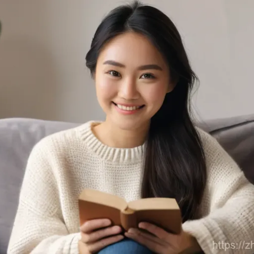 미미의 SNS 마케팅 전략 - **Prompt:** A young, charismatic Asian woman in her late 20s sits comfortably on a plush sofa, bathe...